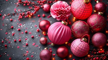 Festive Red and Pink Christmas Ornaments with Sparkling Lights and Berries