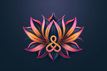 Lotus flower logo and infinity sign. Abstract ornamental artistic icon isolated on dark background.