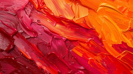 Bold brushstrokes of vibrant red and orange paint create a fiery texture.