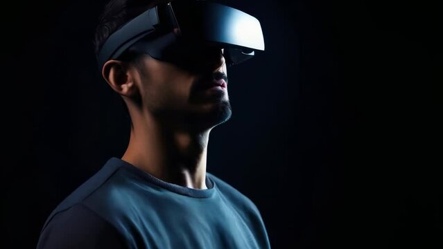 A man wearing a virtual reality headset is looking at the camera