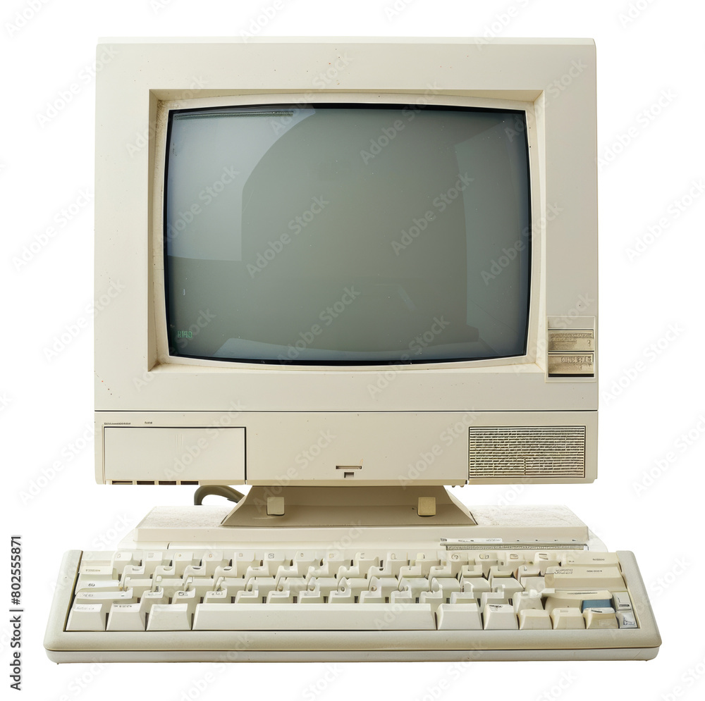 Poster vintage personal computer with keyboard from the 1980s isolated on transparent background