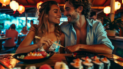 man and woman eating sushi in a restaurant 