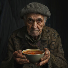 An elderly man relishing a bowl of soup