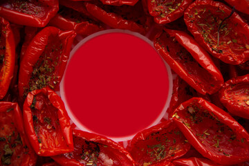 Tomatoes, dried in small pieces. Place for text, top view.