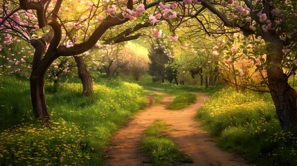 Naklejka premium Serene Spring Path Through Blossoming Trees. Idyllic Nature Scene With Warm Light. Peaceful and Romantic Walkway In a Floral Landscape. Perfect for Wallpaper or Background. AI