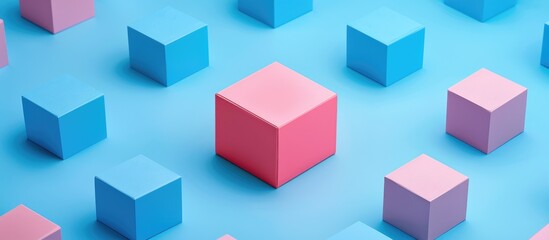 An exceptional pink box stands out amidst a sea of blue boxes on a blue background in a simplistic flat lay composition.