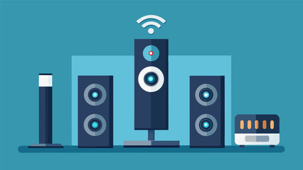 A sleek and modern sound system boasting wireless tower speakers a soundbar and a subwoofer for dynamic sound and easy setup. Vector illustration