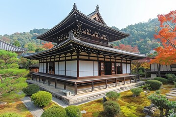 Obraz premium Japanese Temple: Intricate Wood Carvings & Sloping Roof Architecture Design