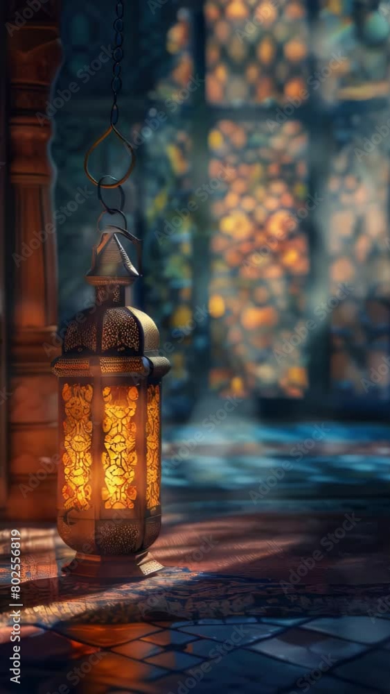 Poster a lantern is hanging from a chain in a room with a blue and gold color scheme