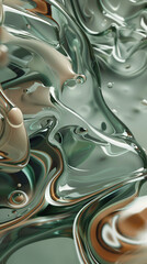 3d render of abstract organic shapes in fluid glass texture with organic forms and bubbles in various shades of grey, green and brown