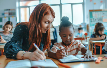 Teacher, children and classroom for education, learning and writing or language development with support at desk. Woman, kids or students for teaching, helping or knowledge in notebook quiz at school