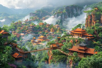 Fototapeta premium Cloudtop Metropolis: Aerial Walkways and Bridges of Wind-Weaving Architecture