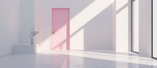 Minimal space featuring a white modern backdrop and a pink door.