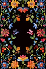Frame made of colorful flowers. Floral abstract border on black background. Mexican traditional folk art pattern. Cinco de Mayo. Template with copy space for  greeting card, wedding, party invitation