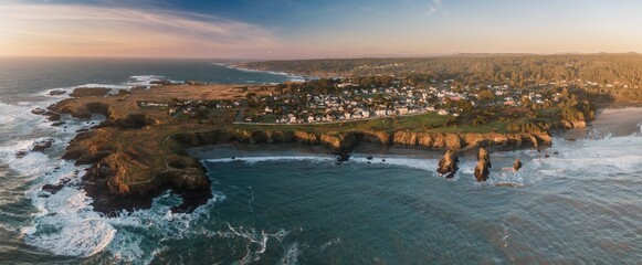 The town of  Mendocino at sunset, California, United States of America.