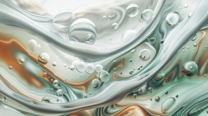3d render of abstract organic shapes in fluid glass texture with organic forms and bubbles in various shades of grey, green and brown