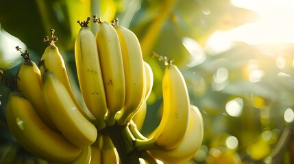 Ripe bananas hanging on the tree in sunlight. Fresh organic bananas in nature. Tropical fruit...