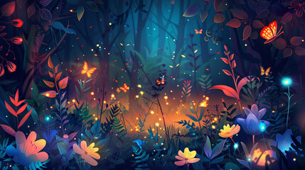 Vibrant enchanted forest scene with mystical flora.