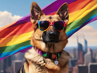 Pride Month and a German Shepherd dog wearing fancy colorful sunglasses all in a backdrop of the LGBTQ activist movement rainbow flag and a big city view.