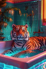 Tiger Relaxing in a Neon-Lit Bathtub