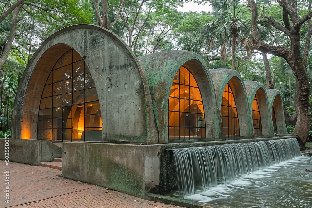 Poster towering tree-like structures and waterfall cascades: biomorphic architecture blending with nature