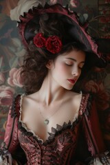 Fototapeta premium Elegant vintage: woman in baroque renaissance style clothing reminiscent of the victorian era, a timeless portrayal of grace and sophistication in historical fashion 19th century.