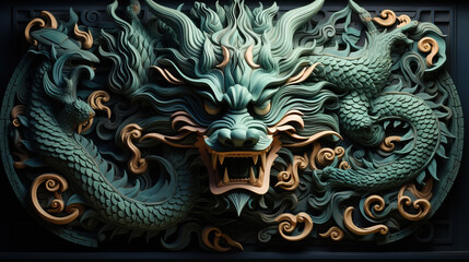 A detailed view of a dragon head mounted on a wall, showcasing intricate scales, sharp teeth, and fierce expression