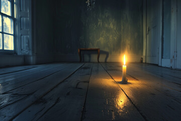 A single candle burning in an empty room.