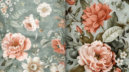 Floral patterns in hues of blush pink and sage green create a romantic texture.