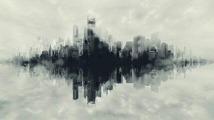 Obraz premium Mysterious Reflection of Urban Skyline in Misty Water, Surreal Cityscape Art
