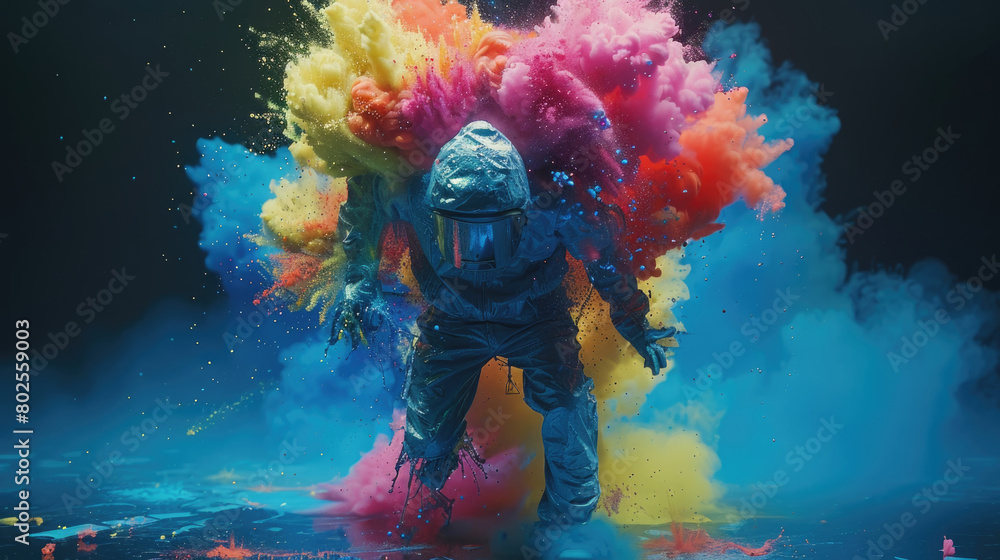 Poster an astronaut stands centered amid a vibrant burst of multicolored powders, creating a dynamic and ot