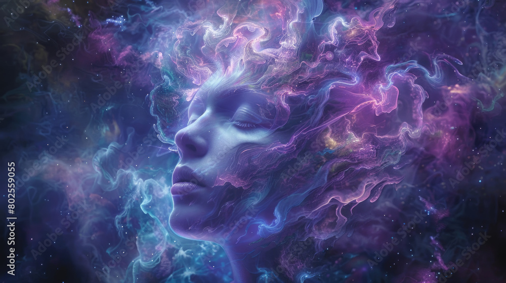 Poster a womans face is enveloped by a vibrant array of colorful clouds, creating a striking and surreal vi