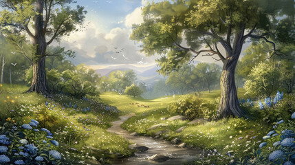 Fototapeta premium A painting depicting a stream meandering through a dense and vibrant green forest, creating a serene and harmonious natural scene