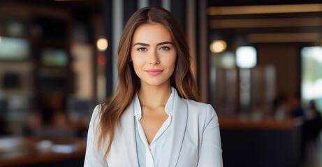 Portrait of confident happy smiling employee standing in the office, female worker looking at camera