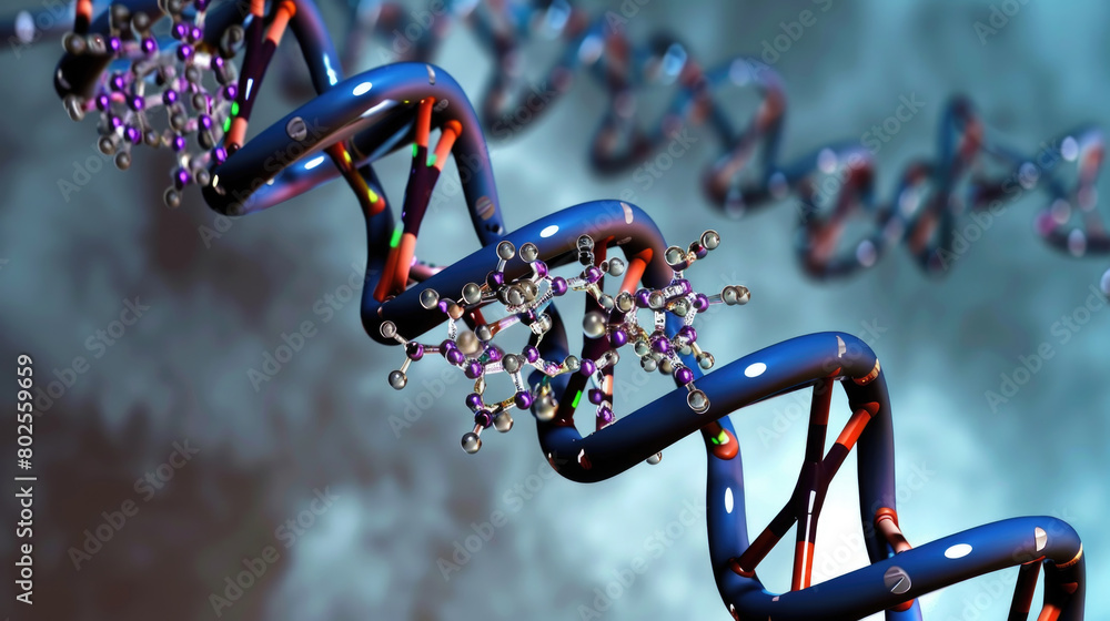 Poster a vivid 3d render showcasing the complex structure of dna strands with a focus on the double helix a