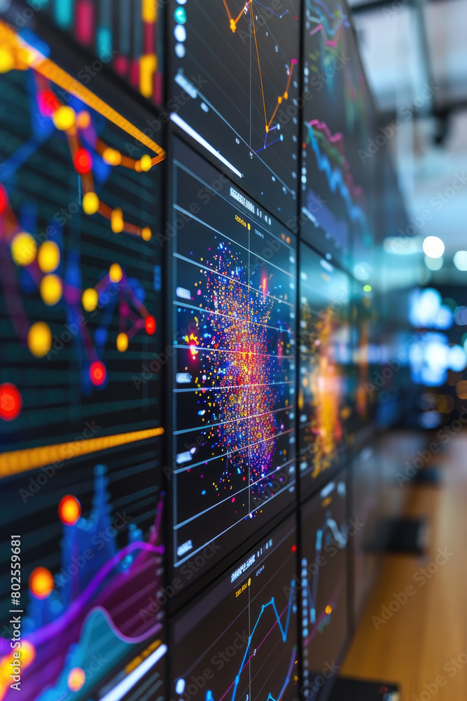 Poster numerous graphs displayed on a large wall, showcasing various data sets and trends in a clear and or