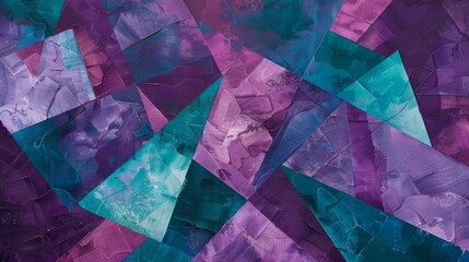 Geometric shapes in shades of purple and teal form a modern texture.