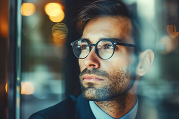 thoughtful businessman thinking and looking out the window in the office, entrepreneur with glasses - Powered by Adobe