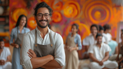 Obraz premium Happy Indian Man in Apron Smiling at Art Workshop with Friends in Background