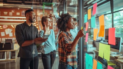 A diverse team of professionals joyfully collaborates using sticky notes on a glass wall in a vibrant, modern office. AIG41