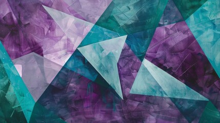 Geometric shapes in shades of purple and teal form a modern texture.