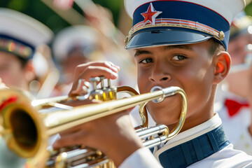 Fototapeta premium Musician leading the Independence Day Parade orchestra, african american guiding the ensemble with youthful enthusiasm and patriotic fervor