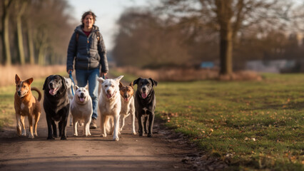 Dog walkers outdoors in nature with a group of different breed dogs