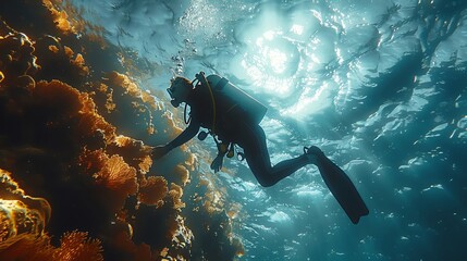 Underwater exploration, close-up on a diver near a coral reef, the silent wonders beneath the sea's surface
