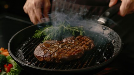 Illustration Cooking meat steaks on the grill with chef's hands, restaurant atmosphere on a black background. Ai generated