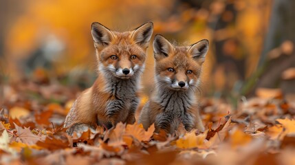 Urban wildlife in a city park, foxes amidst autumn leaves, coexistence of nature and urbanization
