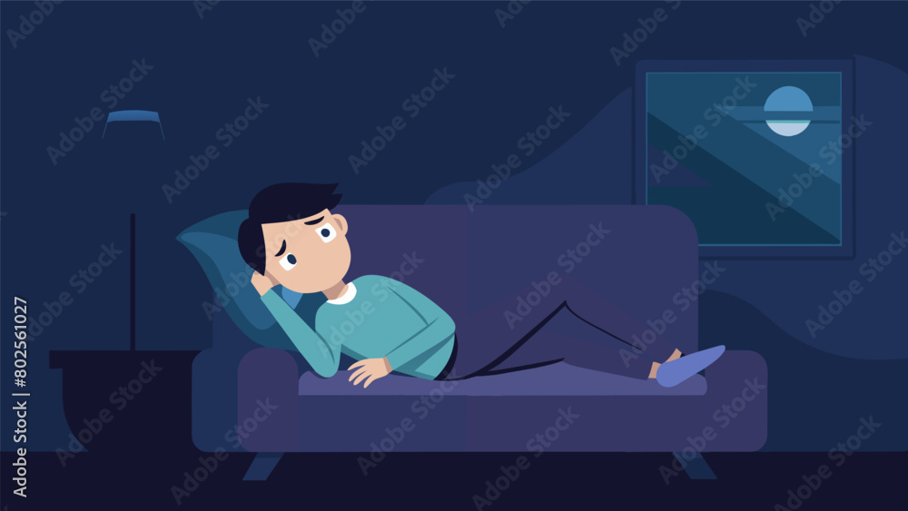Poster in the before image a person is shown lying on a couch eyes closed deep in thought. the room is dark