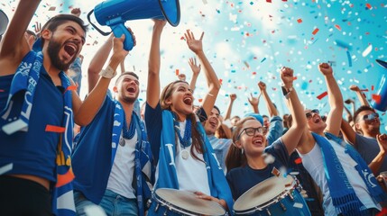 Obraz premium A jubilant crowd celebrates with musical instruments, smiles, and confetti in a stadium, adding to the happy atmosphere of this entertaining event. AIG41