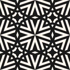 Vector geometric graphic texture. Stylish black and white seamless pattern with quirky lines, stars, arrows, grid, lattice, tiles. Simple abstract monochrome ornament background. Repeated geo design