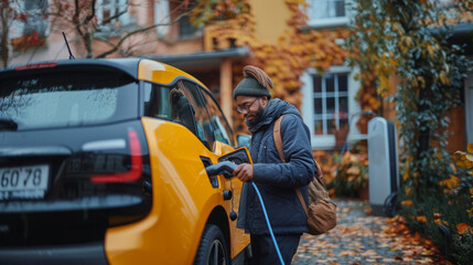Obraz premium Young Man Charging Electric Car at Home During Autumn, Eco-Friendly Transportation